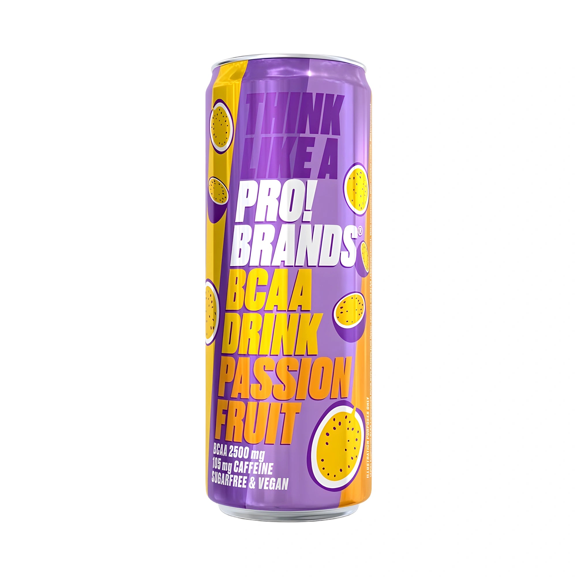 Pro Brands Drink 330 ml violetissa ja keltaisessa tölkissä, jossa on passionhedelmien kuvia ja makuna Passionfruit., kuva 1/5