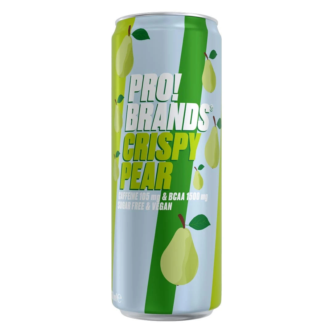 Pro Brands Drink 330 ml vaaleansinisessä ja vihreässä tölkissä päärynäkuvioinnilla, makuna Crispy Pear.
