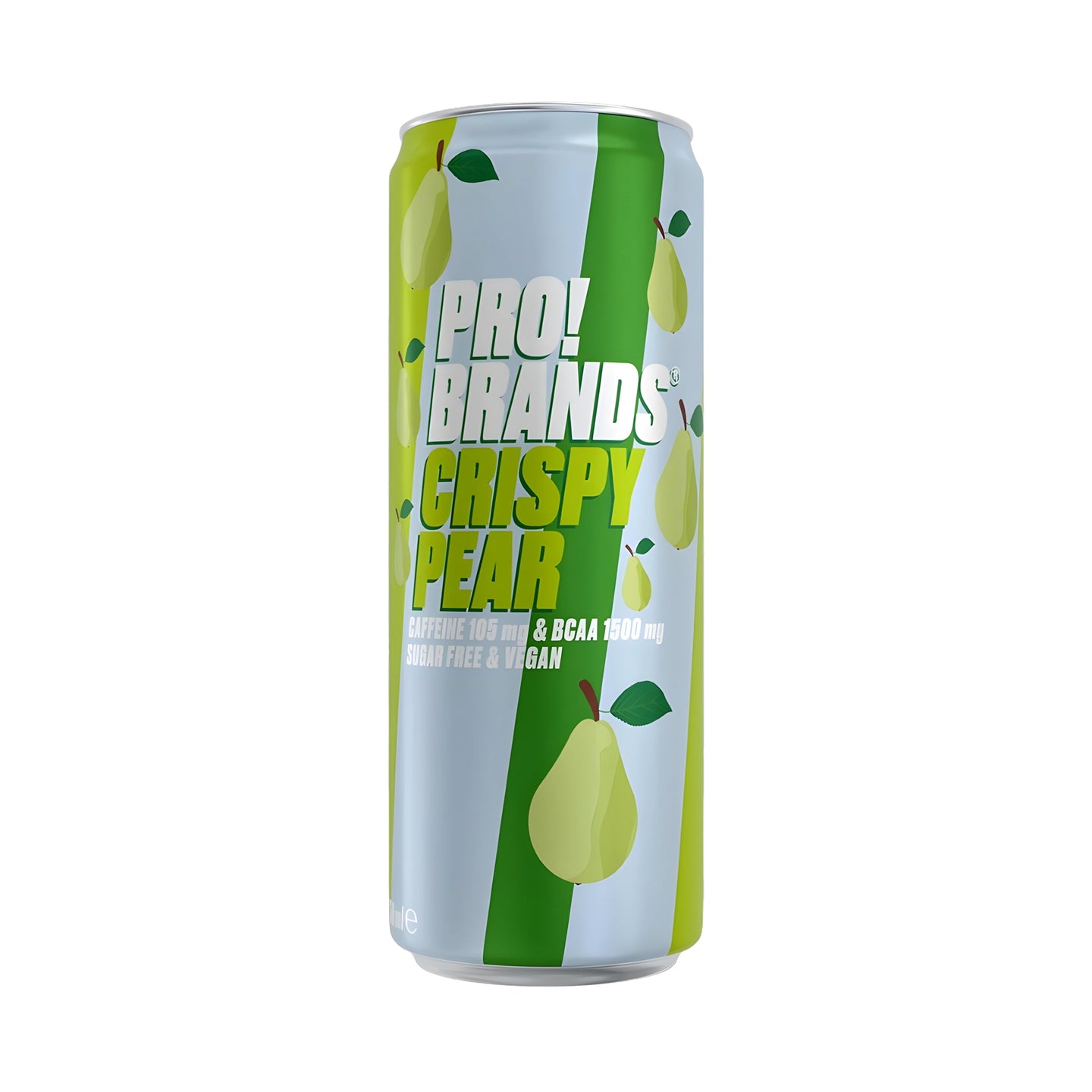 Pro Brands Drink 330 ml vaaleansinisessä ja vihreässä tölkissä päärynäkuvioinnilla, makuna Crispy Pear., kuva 2/5