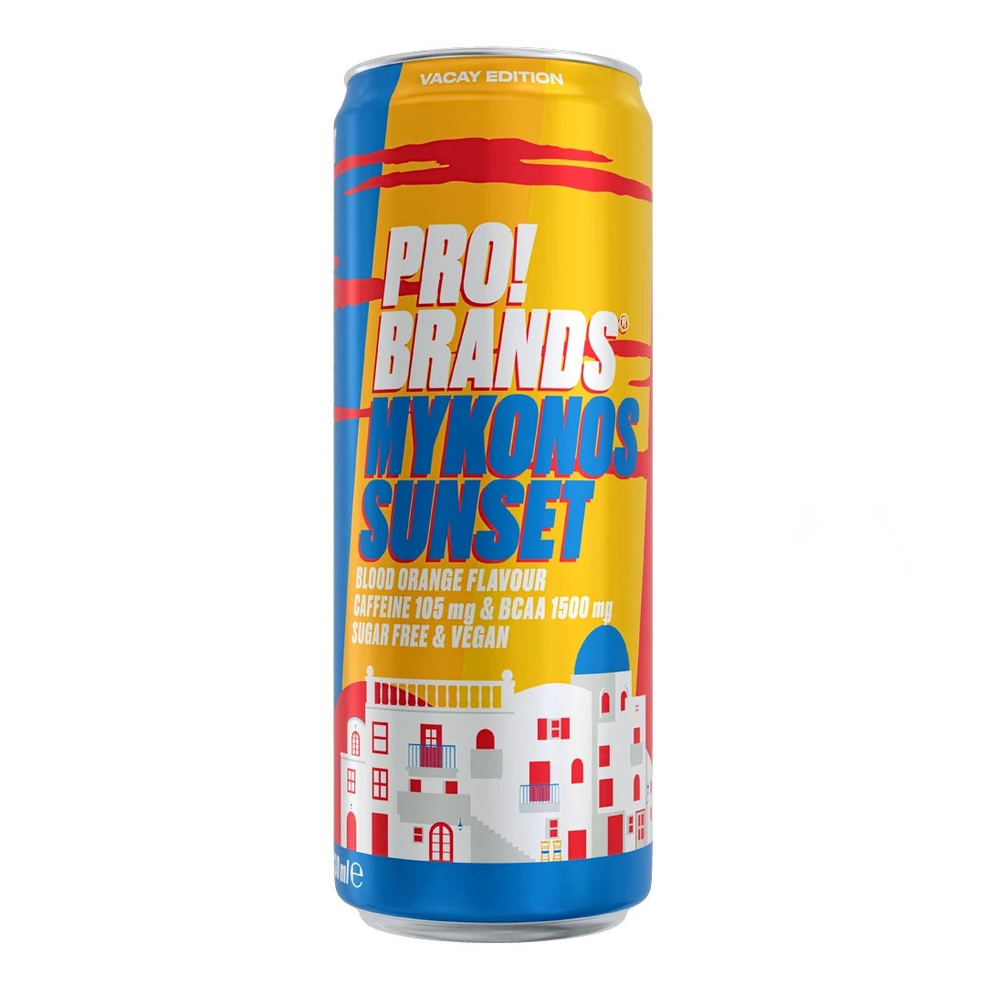 Pro Brands Drink 330 ml -energiajuoma kelta-sinisessä tölkissä, makuna Mykonos Sunset Blood Orange.