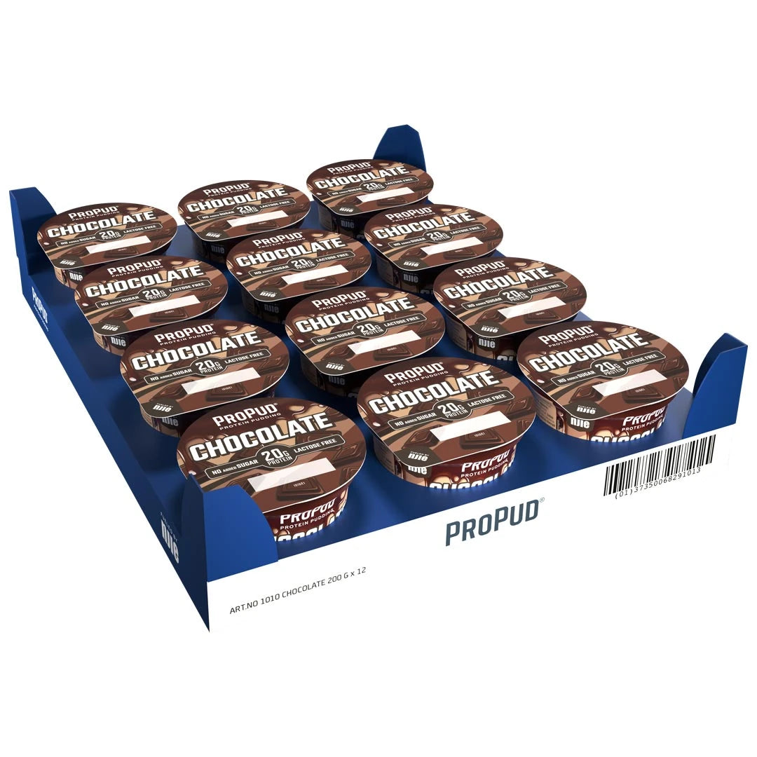 12 x NJIE ProPud 200 g Chocolate -vanukas sinivalkoisessa laatikossa, jossa on ruskeita suklaanmakuisia pakkauksia.