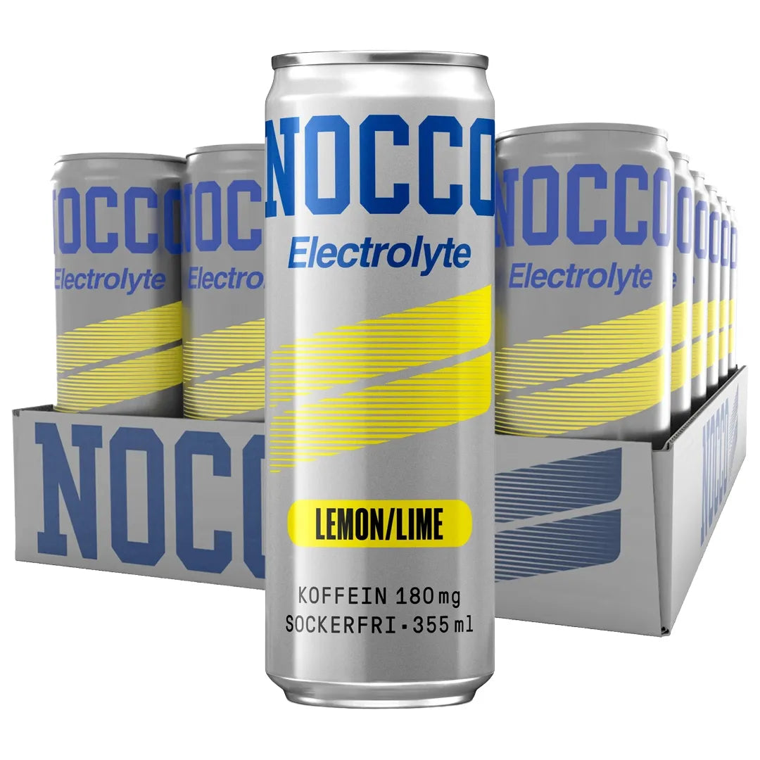 24 x NOCCO Electrolyte 355 ml Lemon Lime -lava, jossa hopeisia energiajuomatölkkejä sinisellä tekstillä ja keltaisilla yksityiskohdilla.