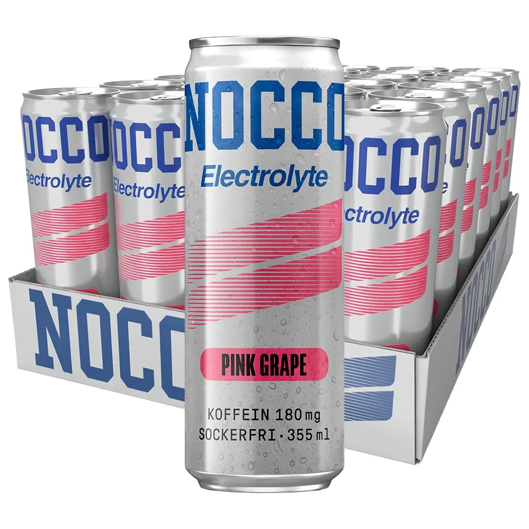 24 x NOCCO Electrolyte 355 ml Pink Grape -laatikko täynnä hopeisia tölkkejä pinkeillä ja sinisillä yksityiskohdilla.