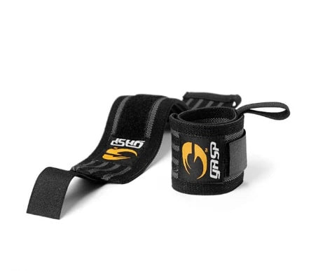 Mustat ja harmaat joustavat GASP Hardcore Wrist Wraps Black/Grey -rannesiteet raskaisiin nostoihin.