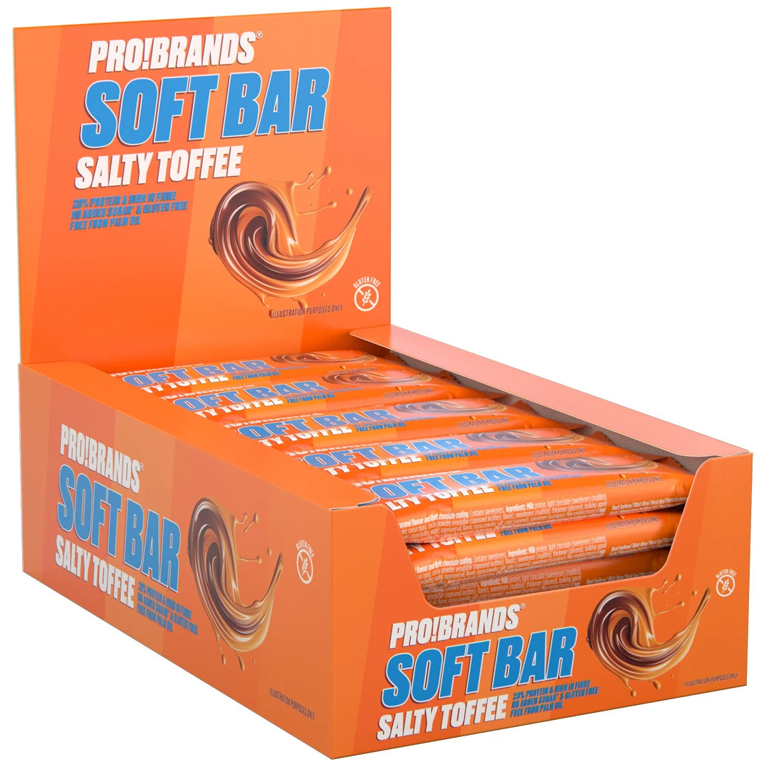 15 x Pro Brands Softbar 40 g Salty Toffee oranssissa esittelylaatikossa, jossa on pakattuja proteiinipatukoita.